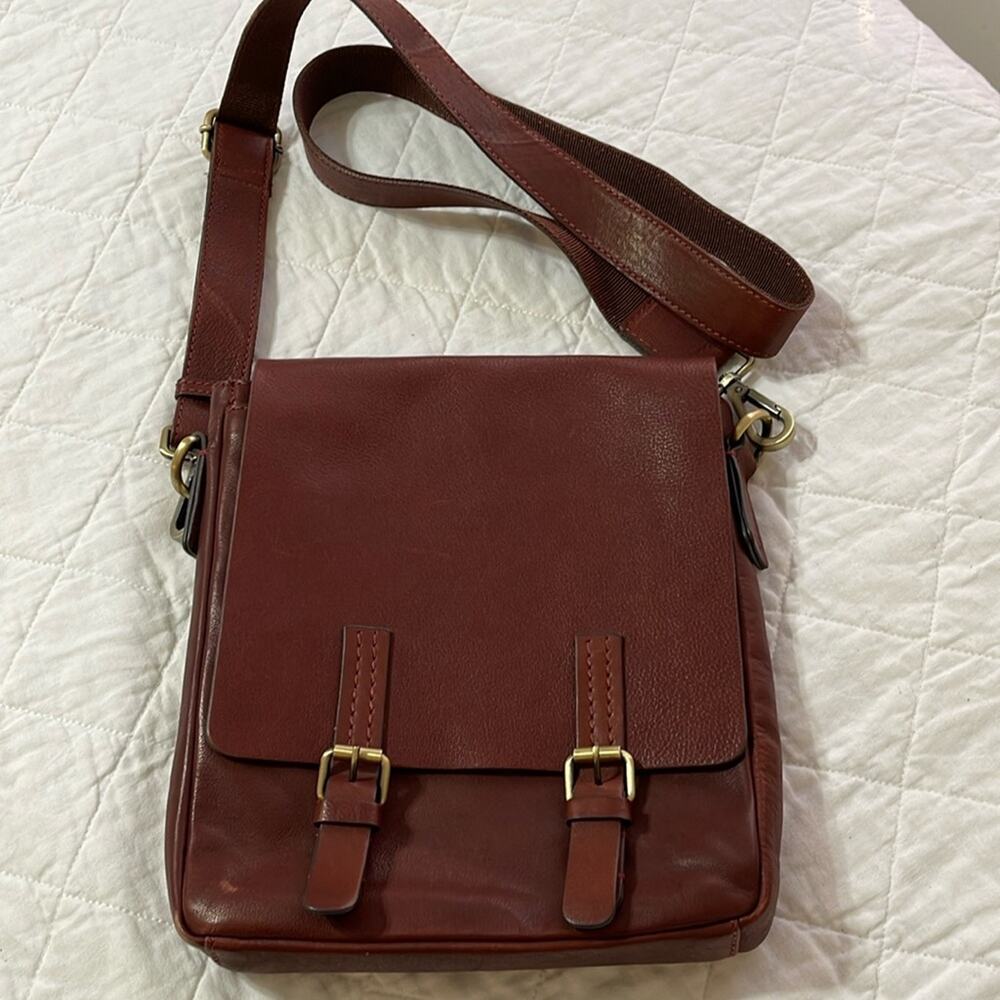 Burgundy Double Buckle Leather Crossbody Bag